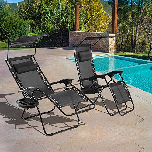 Zero Gravity Chair, 2 Pack Patio Lounge Chair Folding Outdoor Indoor Adjustable Backyard Recliner Chair Chaise with Cup Holder Tray and Canopy Shade for Pool, Beach, Lawn, Deck, Camping - Black