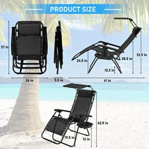 Zero Gravity Chair, 2 Pack Patio Lounge Chair Folding Outdoor Indoor Adjustable Backyard Recliner Chair Chaise with Cup Holder Tray and Canopy Shade for Pool, Beach, Lawn, Deck, Camping - Black