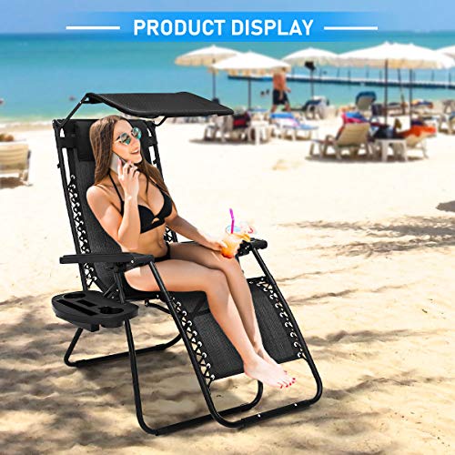 Zero Gravity Chair, 2 Pack Patio Lounge Chair Folding Outdoor Indoor Adjustable Backyard Recliner Chair Chaise with Cup Holder Tray and Canopy Shade for Pool, Beach, Lawn, Deck, Camping - Black