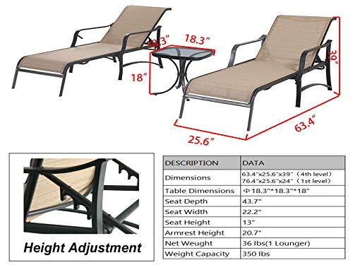 PatioFestival 3 Pieces Patio Chaise Lounge Chairs Set Adjustable Back All Weather with Bistro Table(Beige)