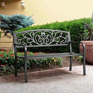 patio park garden bench, 50″ outdoor bench metal bench with powder coated iron metal frame & floral ivy design backrest, 400lbs sturdy steel frame furniture for yard porch entryway lawn decor deck