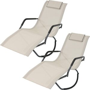 sunnydaze rocking chaise lounge chair with headrest pillow, outdoor folding patio lounger, beige, set of 2