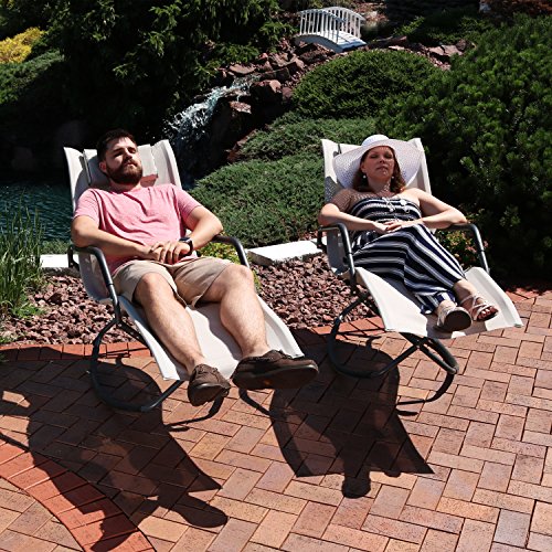 Sunnydaze Rocking Chaise Lounge Chair with Headrest Pillow, Outdoor Folding Patio Lounger, Beige, Set of 2