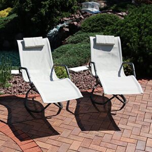 Sunnydaze Rocking Chaise Lounge Chair with Headrest Pillow, Outdoor Folding Patio Lounger, Beige, Set of 2