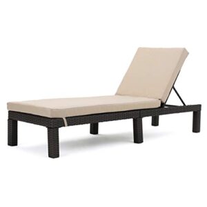 christopher knight home puerta outdoor wicker chaise lounge with water resistant cushion, dark brown / beige