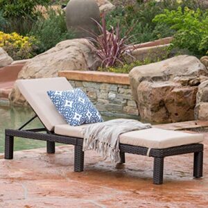 Christopher Knight Home Puerta Outdoor Wicker Chaise Lounge with Water Resistant Cushion, Dark Brown / Beige