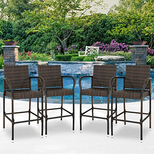 BBBuy Set of 4 Wicker Bar Stool All Weather Outdoor Backyard Rattan Chair Patio Furniture with Armrest and Footrest