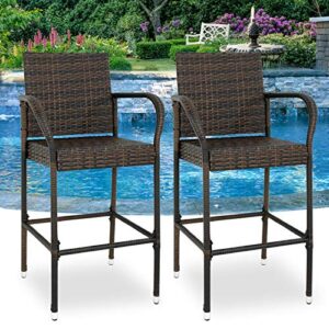 BBBuy Set of 4 Wicker Bar Stool All Weather Outdoor Backyard Rattan Chair Patio Furniture with Armrest and Footrest