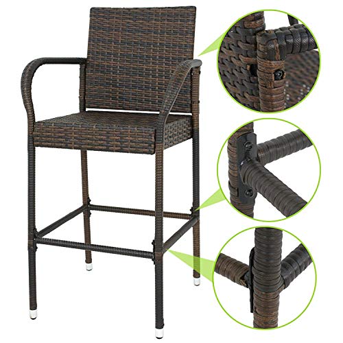 BBBuy Set of 4 Wicker Bar Stool All Weather Outdoor Backyard Rattan Chair Patio Furniture with Armrest and Footrest