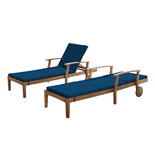 Christopher Knight Home Perla Outdoor Chaise Lounges with Water Resistant Cushions, 2-Pcs Set, Teak Finish / Blue