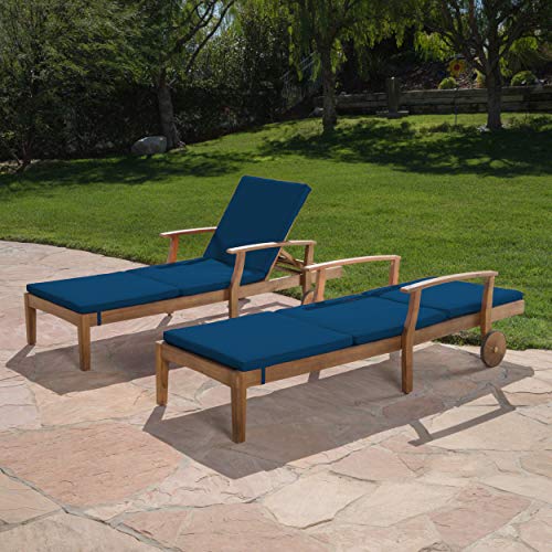 Christopher Knight Home Perla Outdoor Chaise Lounges with Water Resistant Cushions, 2-Pcs Set, Teak Finish / Blue