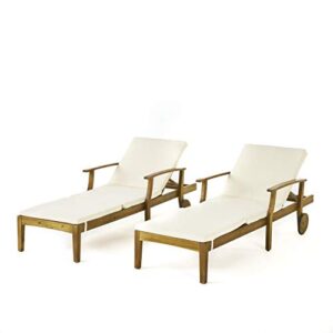 great deal furniture daisy outdoor teak finish chaise lounge with cream water resistant cushion (set of 2)