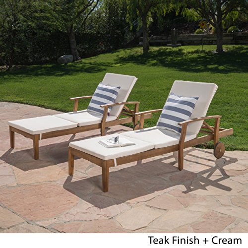 Great Deal Furniture Daisy Outdoor Teak Finish Chaise Lounge with Cream Water Resistant Cushion (Set of 2)