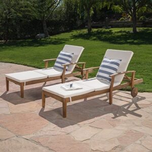 Great Deal Furniture Daisy Outdoor Teak Finish Chaise Lounge with Cream Water Resistant Cushion (Set of 2)