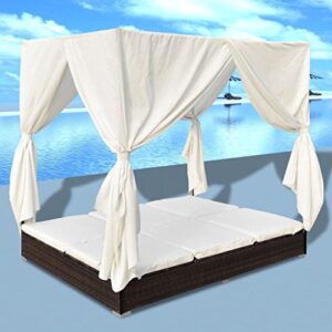 Daonanba Stable Durable Sun Lounger with Curtains Comfortable Sunbed Outdoor Sofabed Garden Furniture Poly Rattan Brown