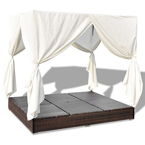 Daonanba Stable Durable Sun Lounger with Curtains Comfortable Sunbed Outdoor Sofabed Garden Furniture Poly Rattan Brown