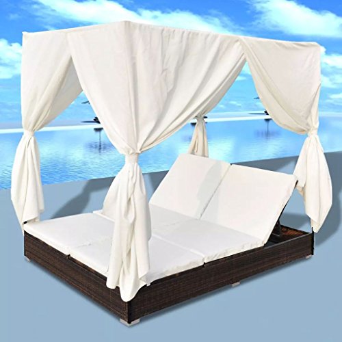 Daonanba Stable Durable Sun Lounger with Curtains Comfortable Sunbed Outdoor Sofabed Garden Furniture Poly Rattan Brown