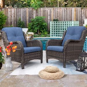 MeetLeisure Outdoor Wicker Chair Rattan Patio Dining Chairs Set of 2 PE Wicker Patio Chairs with 4inch Seat Cushions Outdoor Patio Seating Chair for Garden, Backyard Swimming Pool, Balcony, Blue