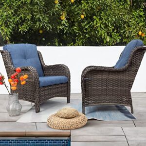 MeetLeisure Outdoor Wicker Chair Rattan Patio Dining Chairs Set of 2 PE Wicker Patio Chairs with 4inch Seat Cushions Outdoor Patio Seating Chair for Garden, Backyard Swimming Pool, Balcony, Blue