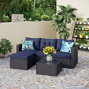 phi villa 77″ wide outdoor rattan sectional sofa with cushions – small patio wicker furniture set (3 – person seating group, navy blue)