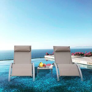 domi pool lounge chairs set of 3, adjustable aluminum outdoor chaise lounge chairs with metal side table, all weather for deck lawn poolside backyard -beige textilene