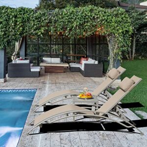 Domi Pool Lounge Chairs Set of 3, Adjustable Aluminum Outdoor Chaise Lounge Chairs with Metal Side Table, All Weather for Deck Lawn Poolside Backyard -Beige Textilene