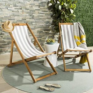 safavieh pat7040b-set2 outdoor collection loren teak, white foldable sling adirondack chair, natural/grey stripe