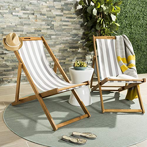 Safavieh PAT7040B-SET2 Outdoor Collection Loren Teak, White Foldable Sling Adirondack Chair, Natural/Grey Stripe