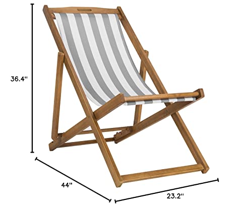 Safavieh PAT7040B-SET2 Outdoor Collection Loren Teak, White Foldable Sling Adirondack Chair, Natural/Grey Stripe