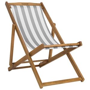 Safavieh PAT7040B-SET2 Outdoor Collection Loren Teak, White Foldable Sling Adirondack Chair, Natural/Grey Stripe