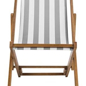 Safavieh PAT7040B-SET2 Outdoor Collection Loren Teak, White Foldable Sling Adirondack Chair, Natural/Grey Stripe