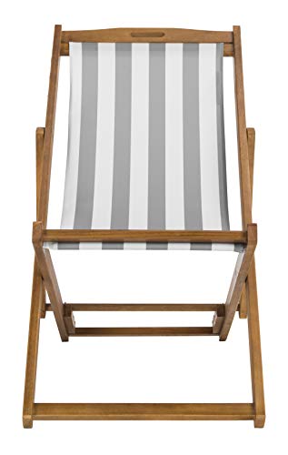 Safavieh PAT7040B-SET2 Outdoor Collection Loren Teak, White Foldable Sling Adirondack Chair, Natural/Grey Stripe