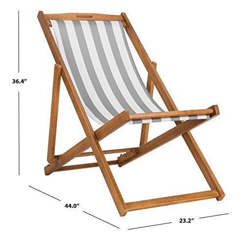 Safavieh PAT7040B-SET2 Outdoor Collection Loren Teak, White Foldable Sling Adirondack Chair, Natural/Grey Stripe