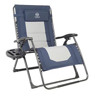 coastrail outdoor zero gravity chair premium large armrest padded comfort folding patio lounge adjustable recliner with cup holder & side table, 500lb capacity, navy/grey