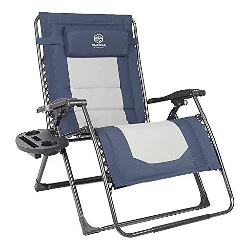 Coastrail Outdoor Zero Gravity Chair Premium Large Armrest Padded Comfort Folding Patio Lounge Adjustable Recliner with Cup Holder & Side Table, 500lb Capacity, Navy/Grey