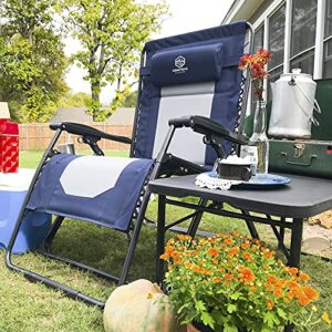 Coastrail Outdoor Zero Gravity Chair Premium Large Armrest Padded Comfort Folding Patio Lounge Adjustable Recliner with Cup Holder & Side Table, 500lb Capacity, Navy/Grey