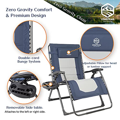 Coastrail Outdoor Zero Gravity Chair Premium Large Armrest Padded Comfort Folding Patio Lounge Adjustable Recliner with Cup Holder & Side Table, 500lb Capacity, Navy/Grey