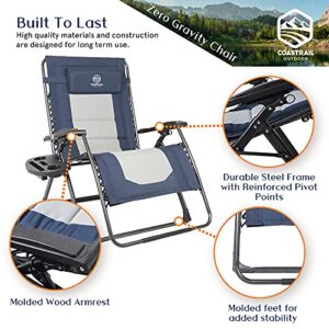 Coastrail Outdoor Zero Gravity Chair Premium Large Armrest Padded Comfort Folding Patio Lounge Adjustable Recliner with Cup Holder & Side Table, 500lb Capacity, Navy/Grey