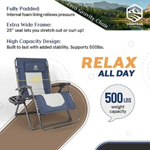 Coastrail Outdoor Zero Gravity Chair Premium Large Armrest Padded Comfort Folding Patio Lounge Adjustable Recliner with Cup Holder & Side Table, 500lb Capacity, Navy/Grey