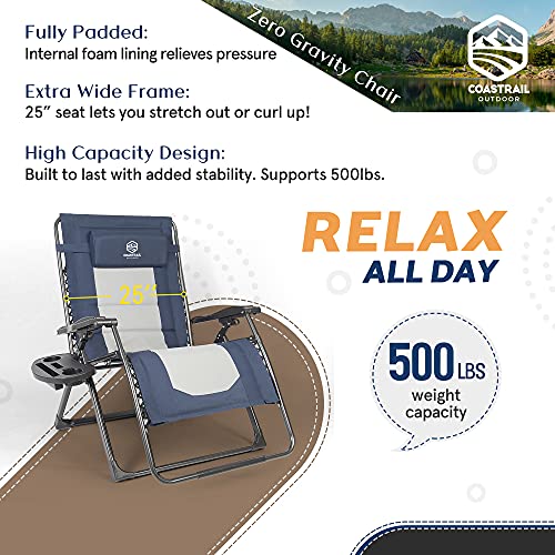 Coastrail Outdoor Zero Gravity Chair Premium Large Armrest Padded Comfort Folding Patio Lounge Adjustable Recliner with Cup Holder & Side Table, 500lb Capacity, Navy/Grey