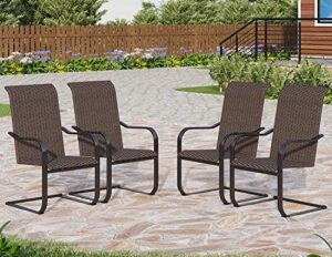 phi villa outdoor patio c spring rattan chairs, 4 pieces high back wicker dining chair with metal frame for patio, deck, porch – brown