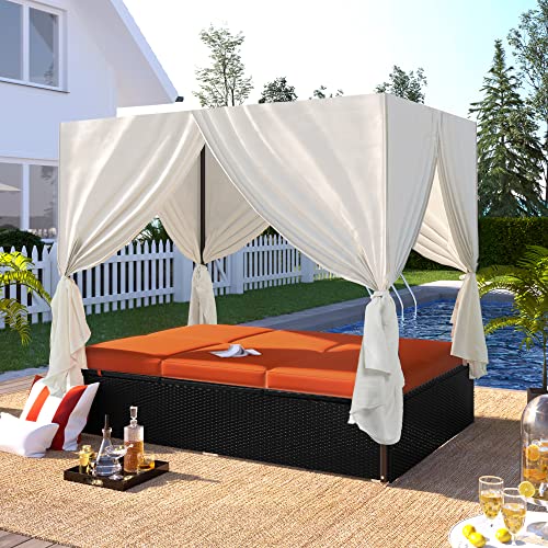 LUMISOL Outdoor Patio Wicker Daybed Sunbed with Retractable Canopy Sun Lounger with Curtains Garden Furniture (Orange)