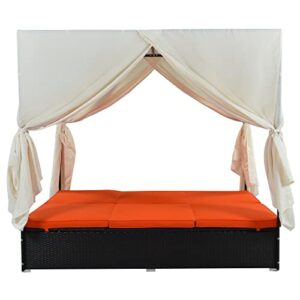 LUMISOL Outdoor Patio Wicker Daybed Sunbed with Retractable Canopy Sun Lounger with Curtains Garden Furniture (Orange)