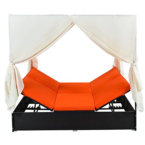 LUMISOL Outdoor Patio Wicker Daybed Sunbed with Retractable Canopy Sun Lounger with Curtains Garden Furniture (Orange)