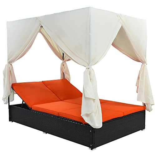 LUMISOL Outdoor Patio Wicker Daybed Sunbed with Retractable Canopy Sun Lounger with Curtains Garden Furniture (Orange)