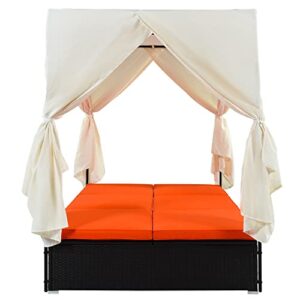 LUMISOL Outdoor Patio Wicker Daybed Sunbed with Retractable Canopy Sun Lounger with Curtains Garden Furniture (Orange)