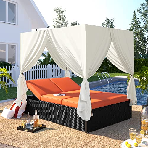 LUMISOL Outdoor Patio Wicker Daybed Sunbed with Retractable Canopy Sun Lounger with Curtains Garden Furniture (Orange)