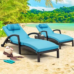 homrest outside chaise lounge chairs set of 2, adjustable 6 position outdoor pe rattan wicker patio pool lounge chair with cushion, arm, pillow and wheels for poolside backyard deck porch garden