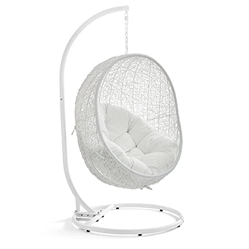 Modway Hide Wicker Rattan Outdoor Patio Porch Lounge Egg Swing Chair Set with Stand in White