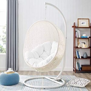 Modway Hide Wicker Rattan Outdoor Patio Porch Lounge Egg Swing Chair Set with Stand in White